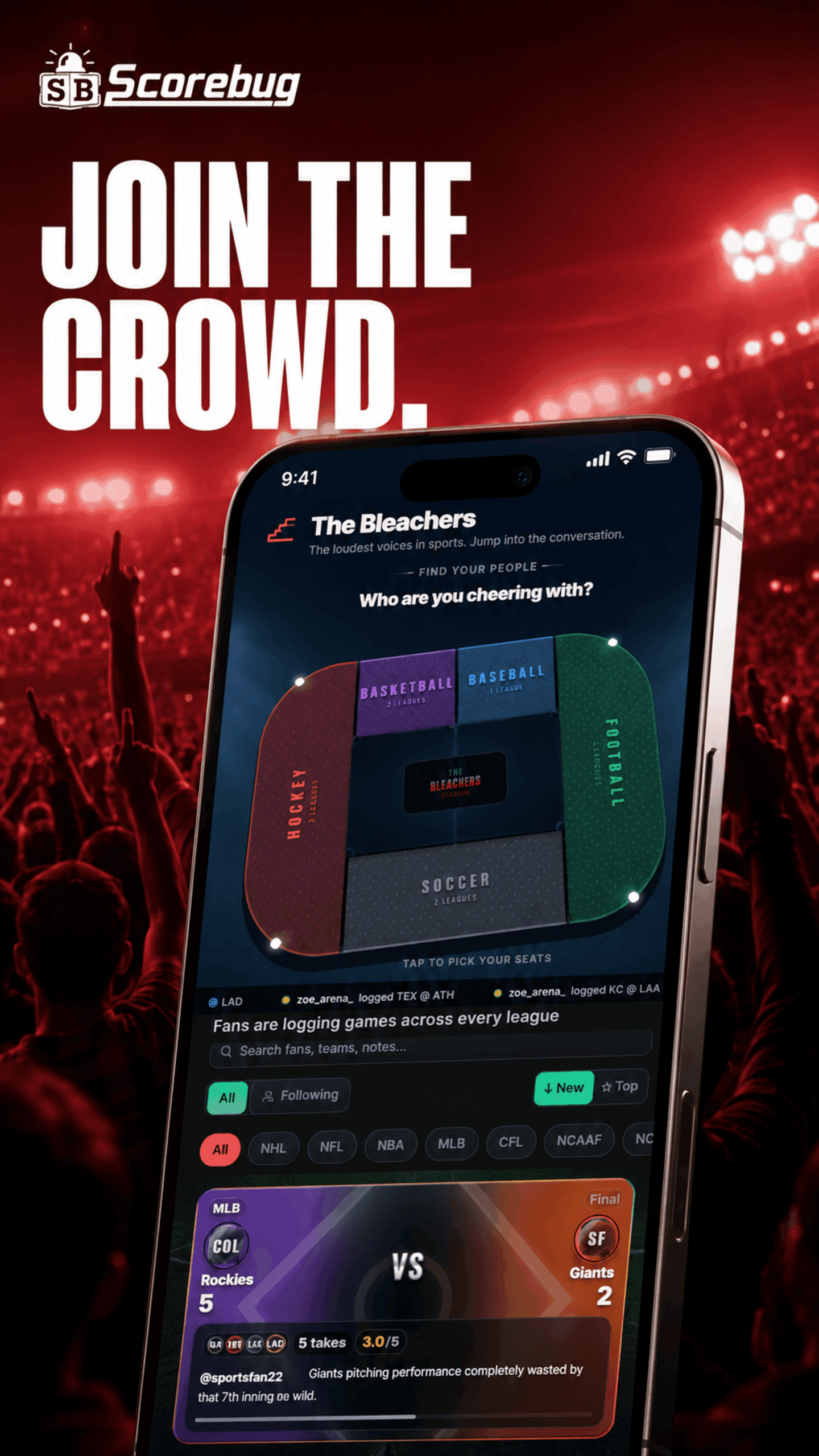The Bleachers: a stadium seat-picker for choosing sport sections, above community takes on a finished game.