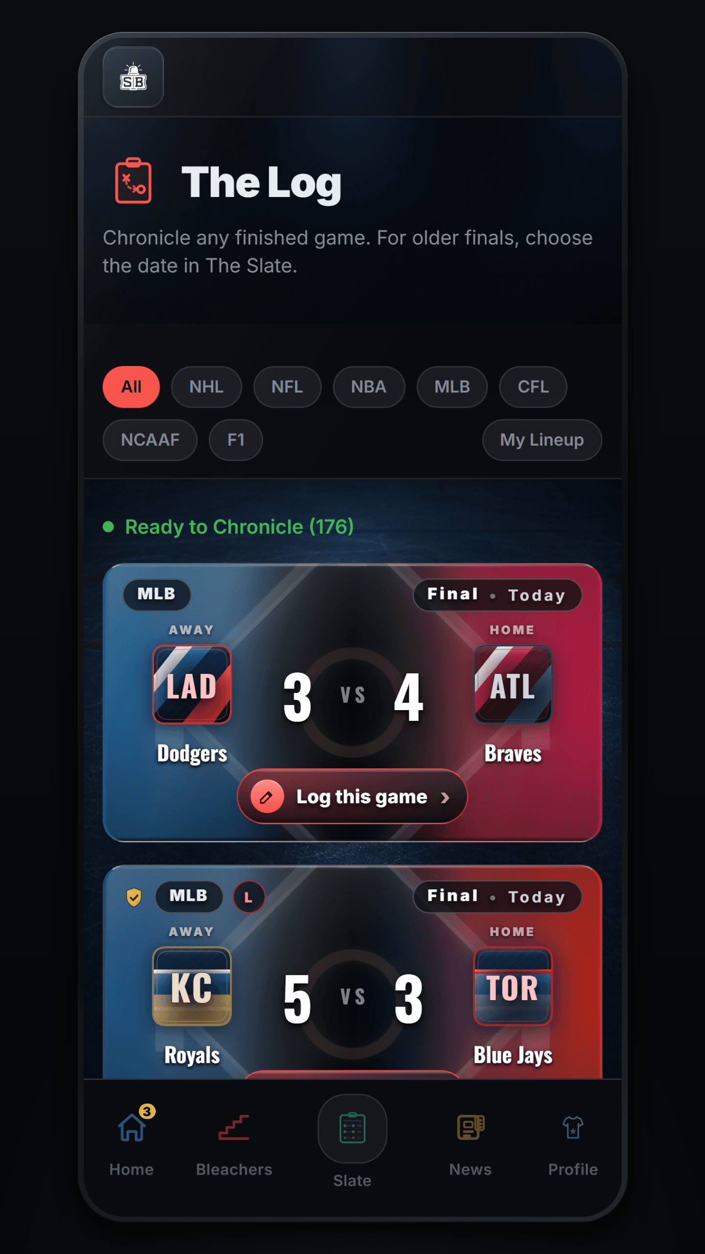 The Log in Scorebug: finished games ready to chronicle, each with its final score and a Log this game button.