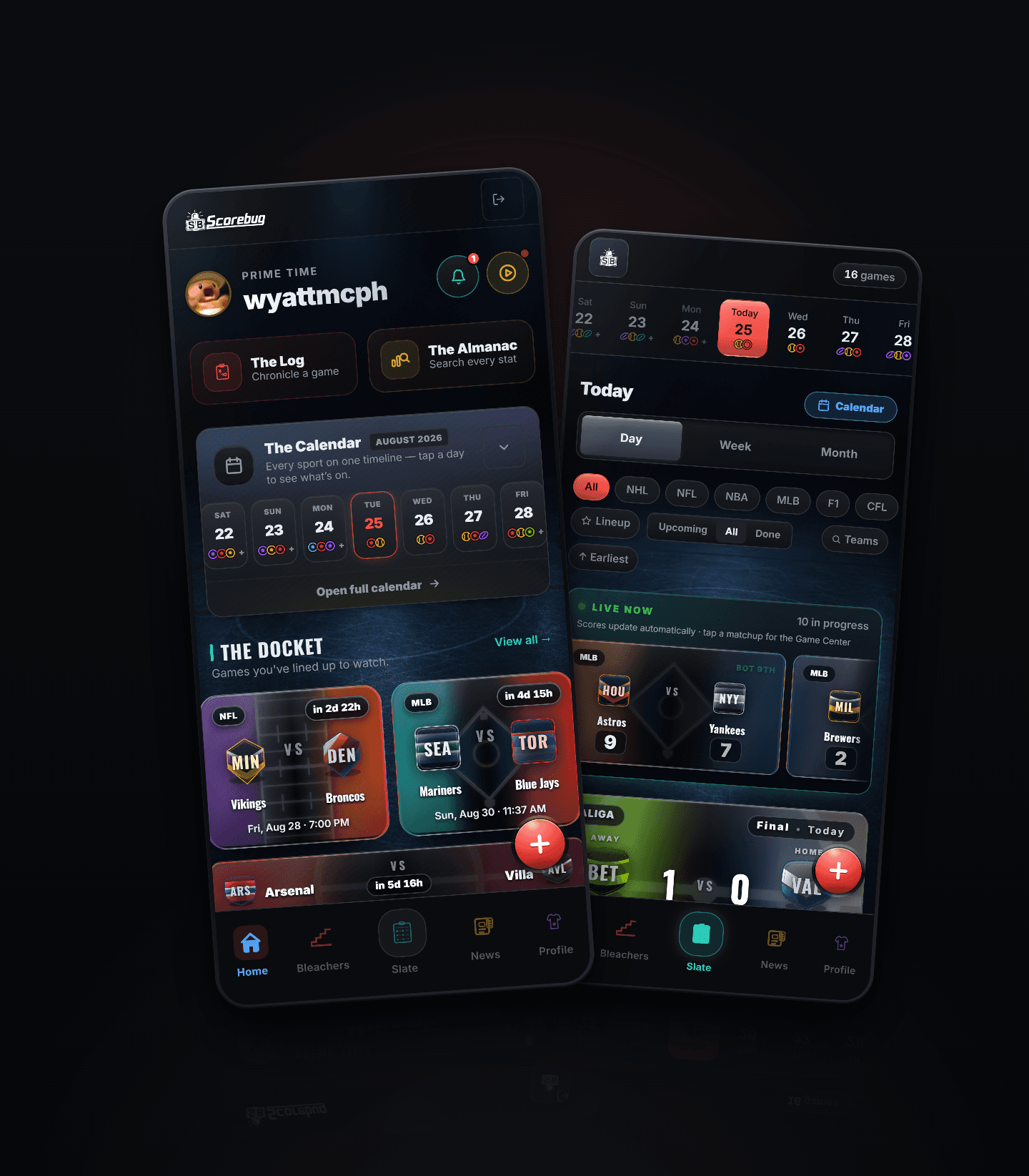 Two phones running Scorebug: Home with The Docket of upcoming games, and The Slate showing live scores across the leagues.