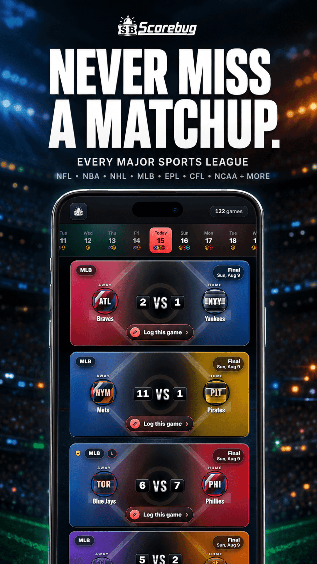 The Slate: a day of finals across leagues, each matchup card washed in both teams' colours with a Log this game action.