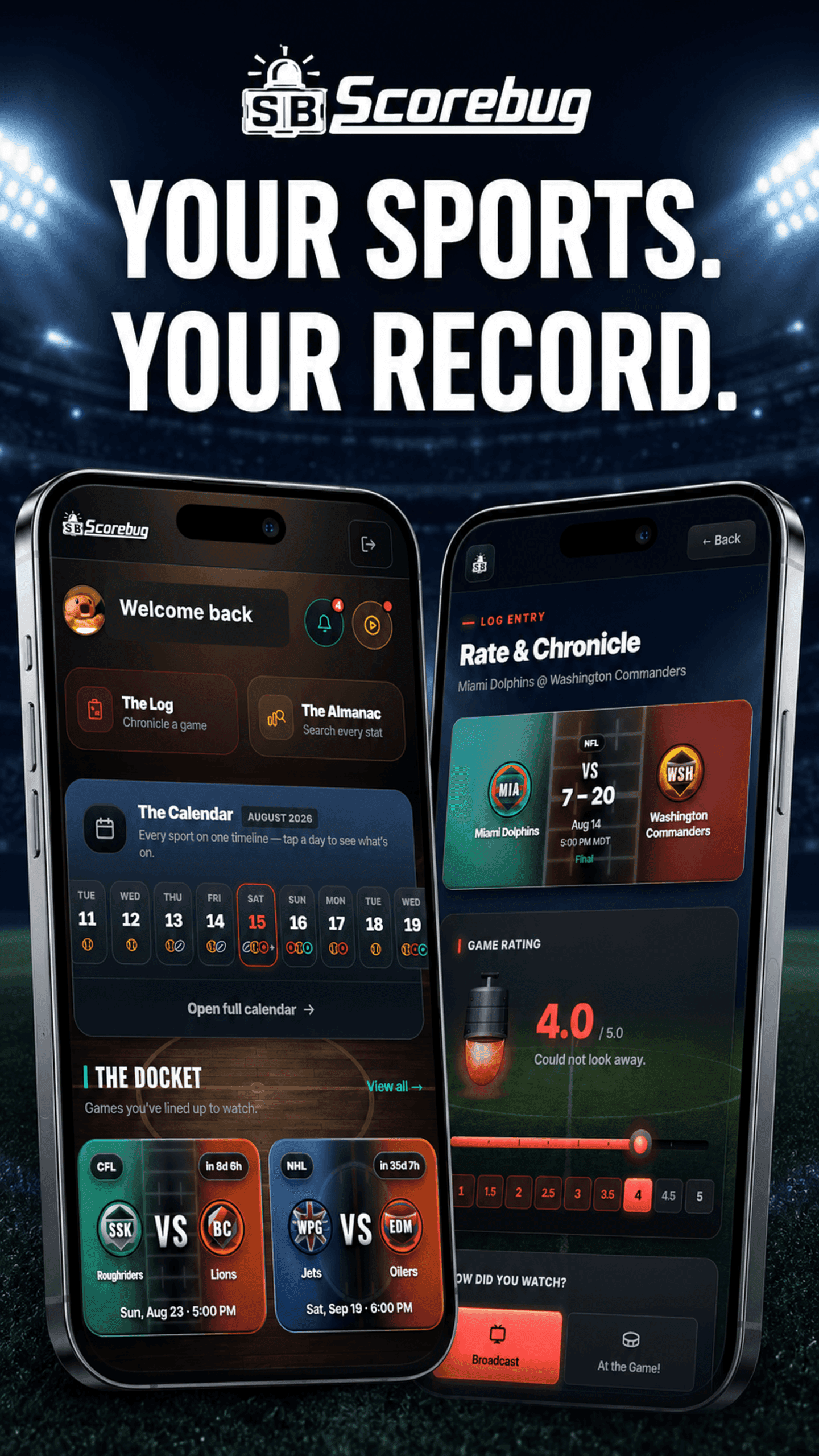 The Scorebug home screen with the calendar and an upcoming Docket, beside the Rate and Chronicle screen part-way through a grade.