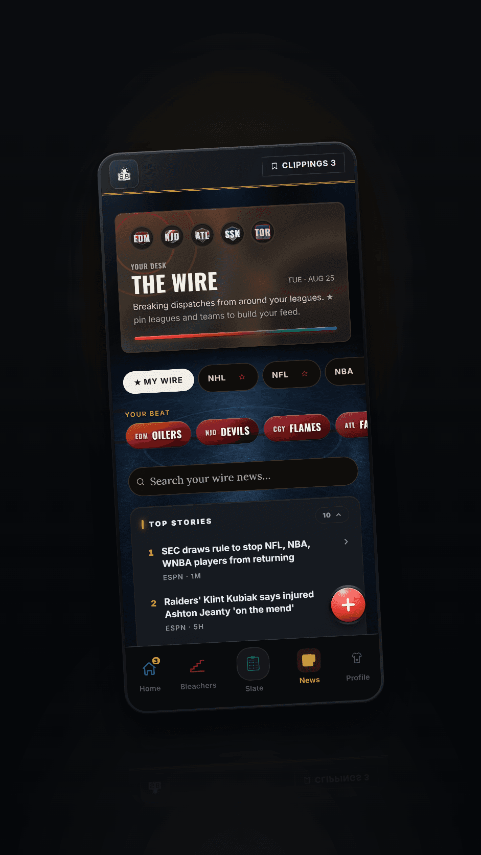 The Wire: a news feed filtered to the teams you follow, with a tab for each league.